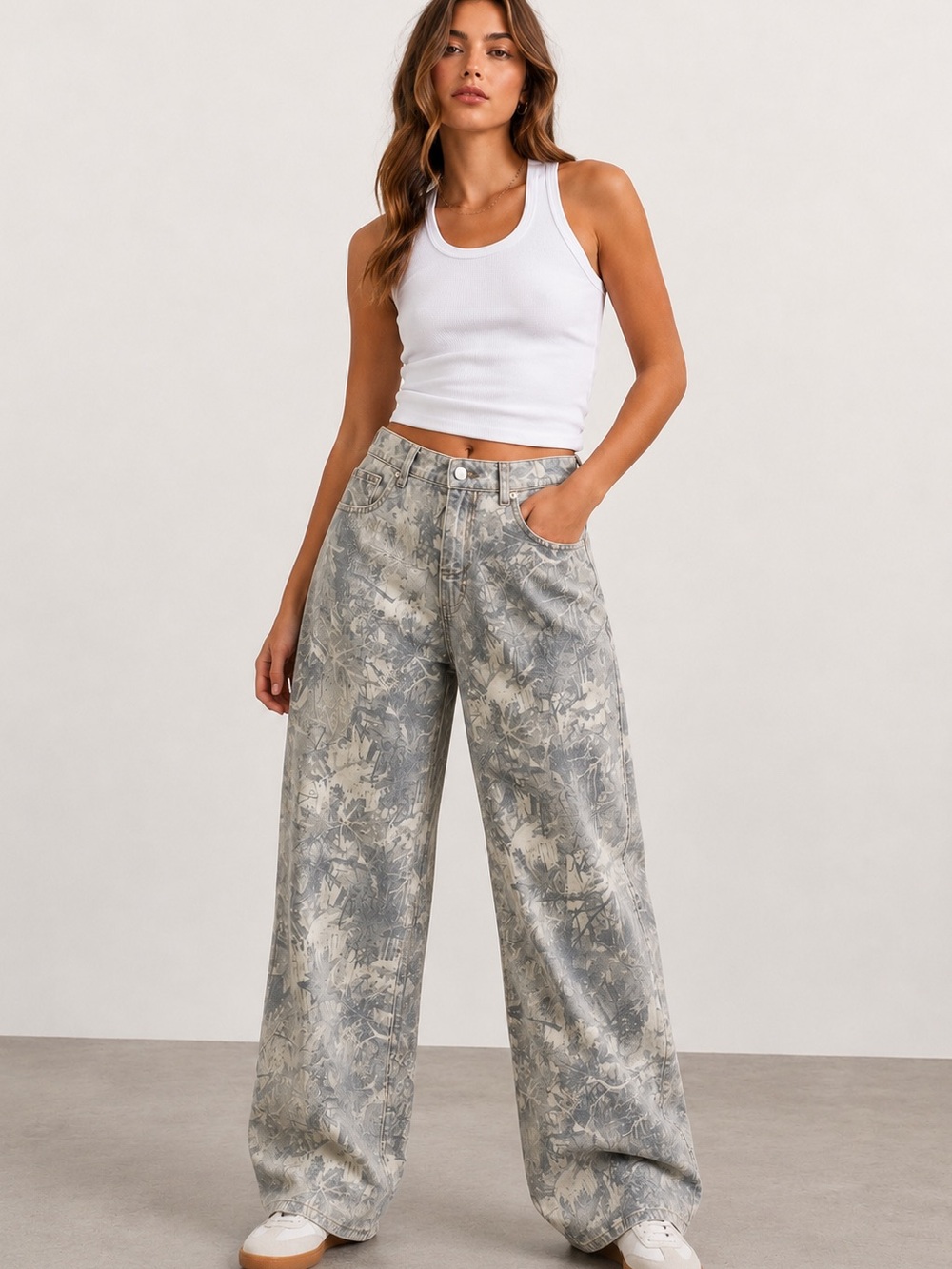 Refrain Women’s Printed Luxe Denim Wide-Leg Pants